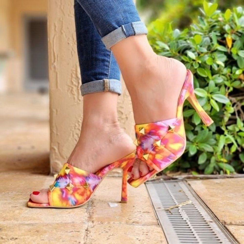 Multi Color Women’s Roman Style Stud Finish Slip On Heeled Sandals - Picture 3 of 7